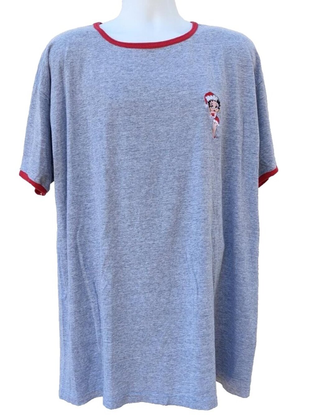 Vintage 90s Betty Boop Christmas Ringer T-Shirt 2XL, Embroidered Gray/Red